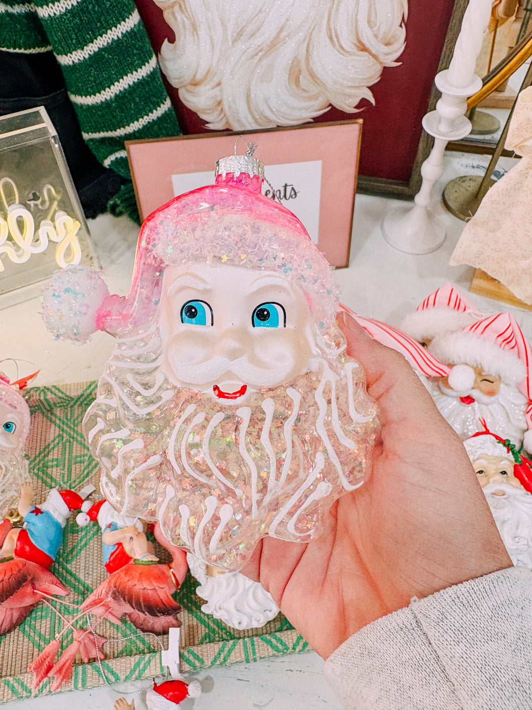 Pink hat Santa ornament
