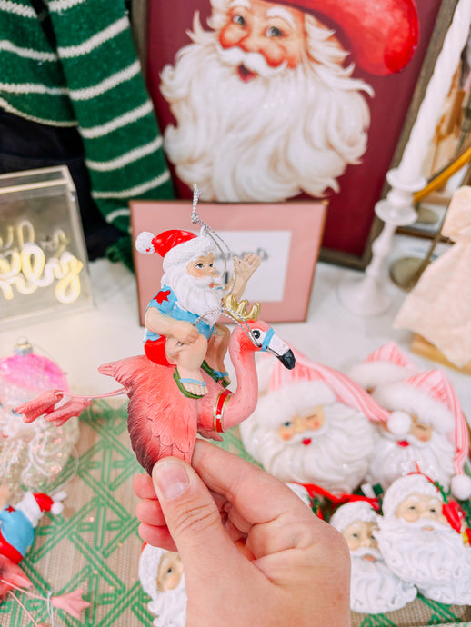 Flamingo and Santa ornament