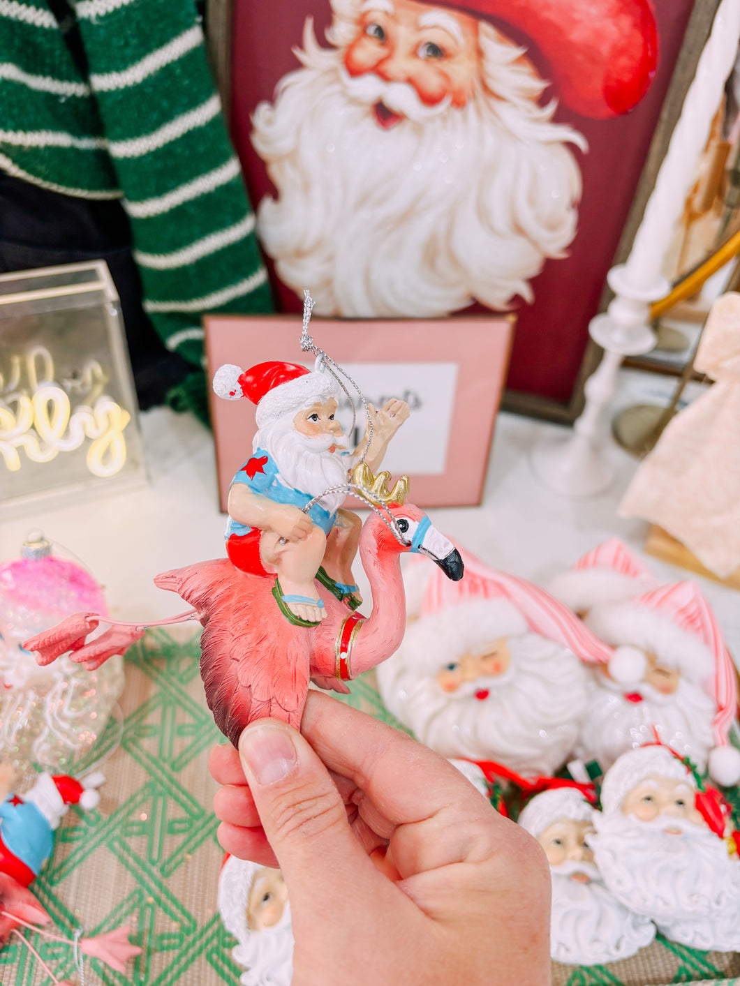 Flamingo and Santa ornament